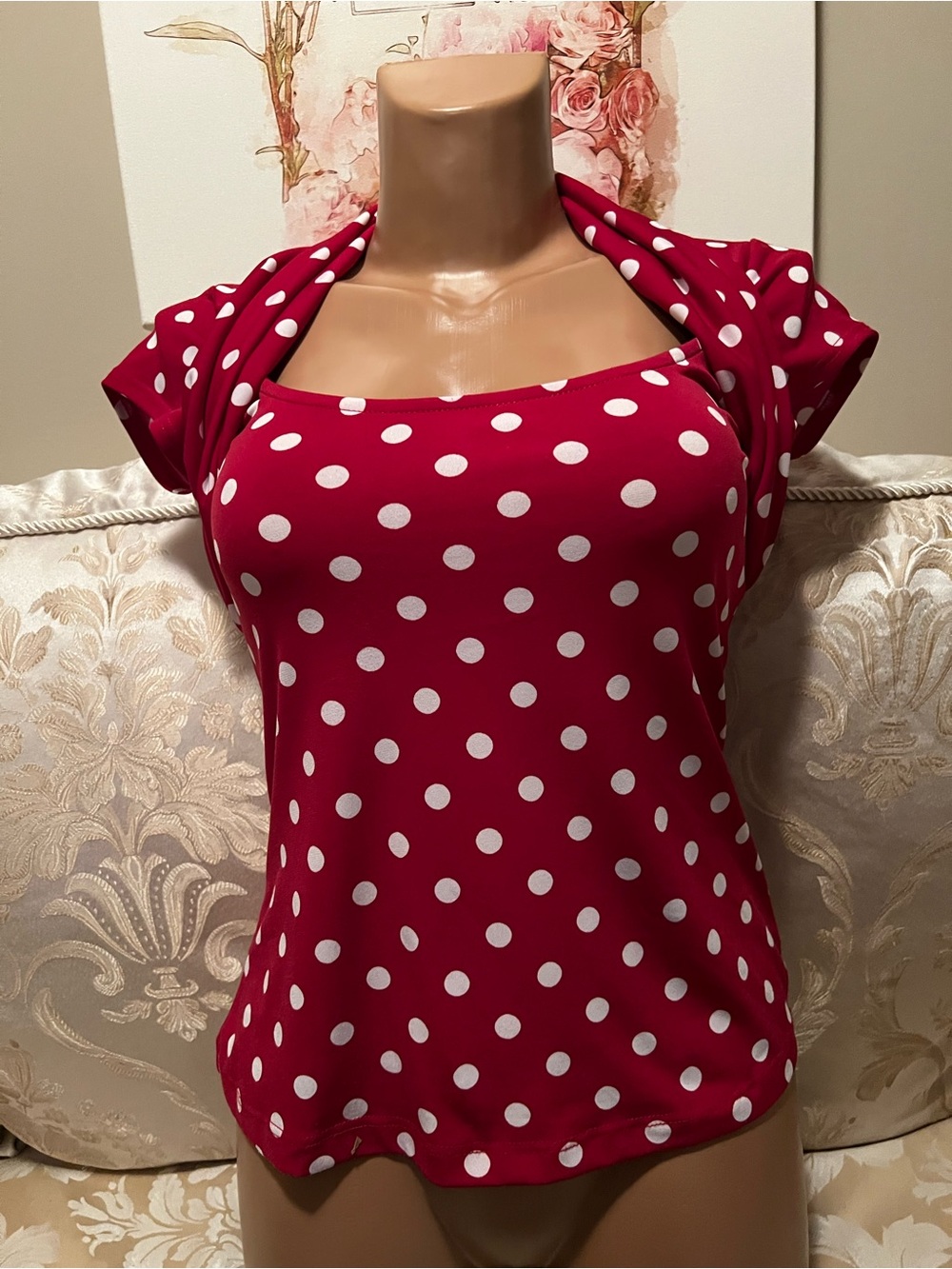 Frederick's of Hollywood Red and White Polka Dot Top with Cap Sleeves